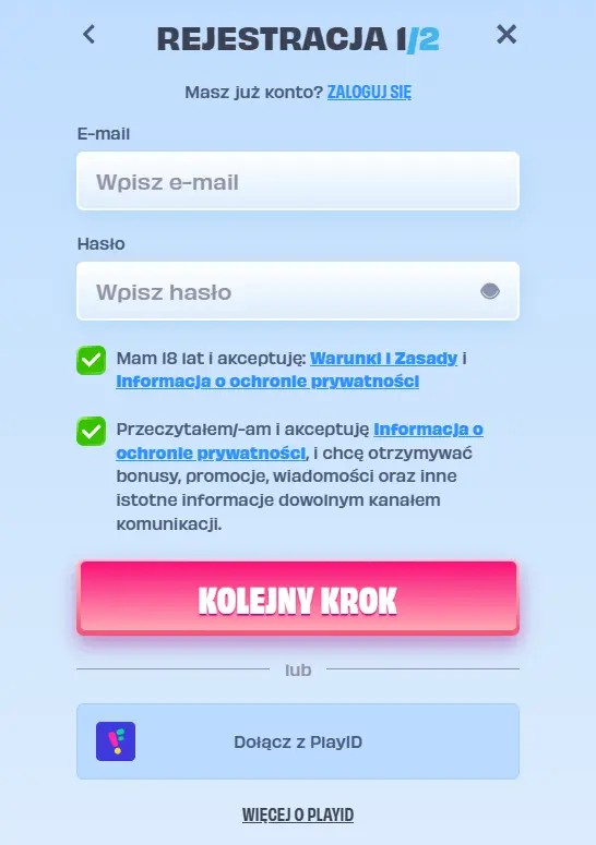 Formularz rejestracji w kasynie OnlySpins z polami na e-mail i hasło oraz przyciskiem „Następny krok